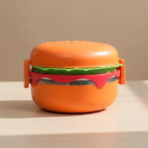 Orange container shaped like a hamburger on a beige background