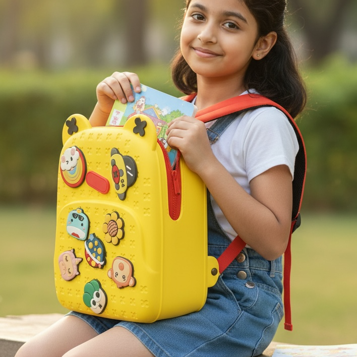 Young girl holding a yellow backpack with cartoon characters in a park setting