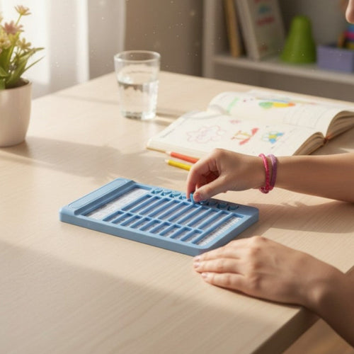 Person using a blue habit tracker at a desk with books and a plant in the background