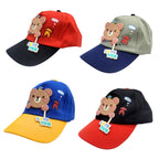 Mango Muffins color-block cotton baseball caps for kids featuring a 3D bear charm with "Love You" text. Available in red/black, grey/navy, blue/yellow, and black/red.