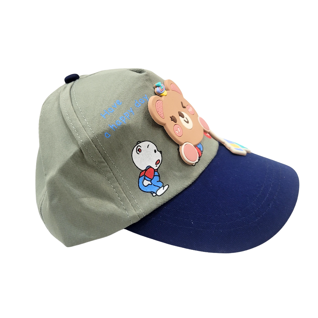 Mango Muffins grey and navy cotton baseball cap with a 3D bear charm and embroidered cartoon character.