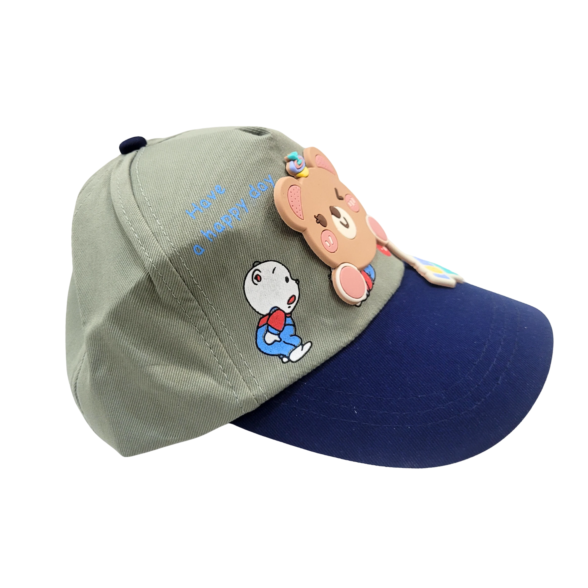 Mango Muffins grey and navy cotton baseball cap with a 3D bear charm and embroidered cartoon character.