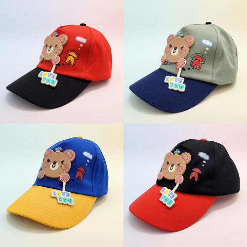 Mango Muffins children's cotton baseball cap with a 3D dangling bear charm that says "Love You". Available in red/black, grey/navy, blue/yellow, and black/red.