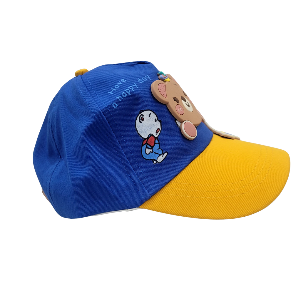 Mango Muffins blue and yellow cotton baseball cap with a 3D bear charm and embroidered text "Have a happy day".