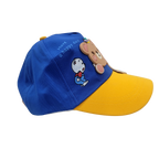 Mango Muffins blue and yellow cotton baseball cap with a 3D bear charm and embroidered text "Have a happy day".
