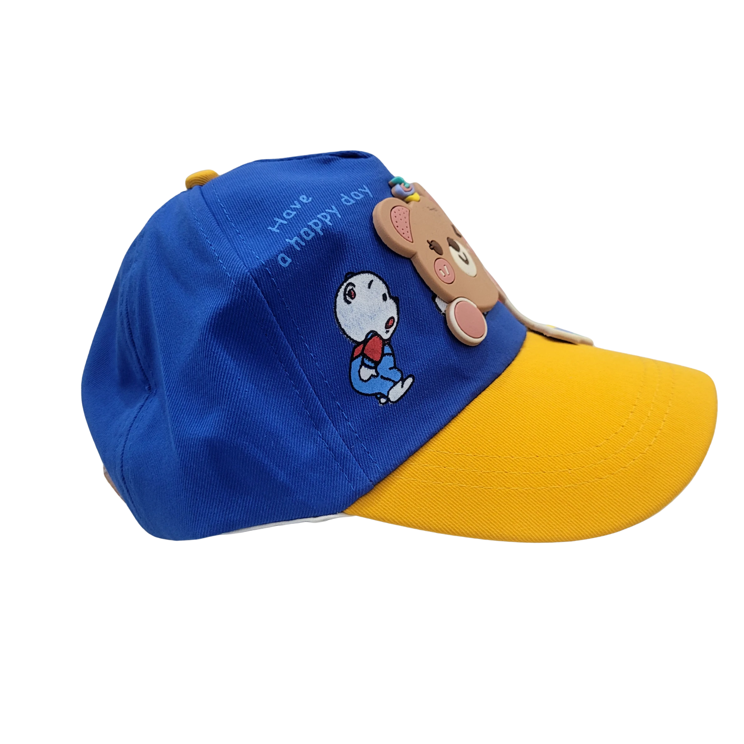 Mango Muffins blue and yellow cotton baseball cap with a 3D bear charm and embroidered text "Have a happy day".