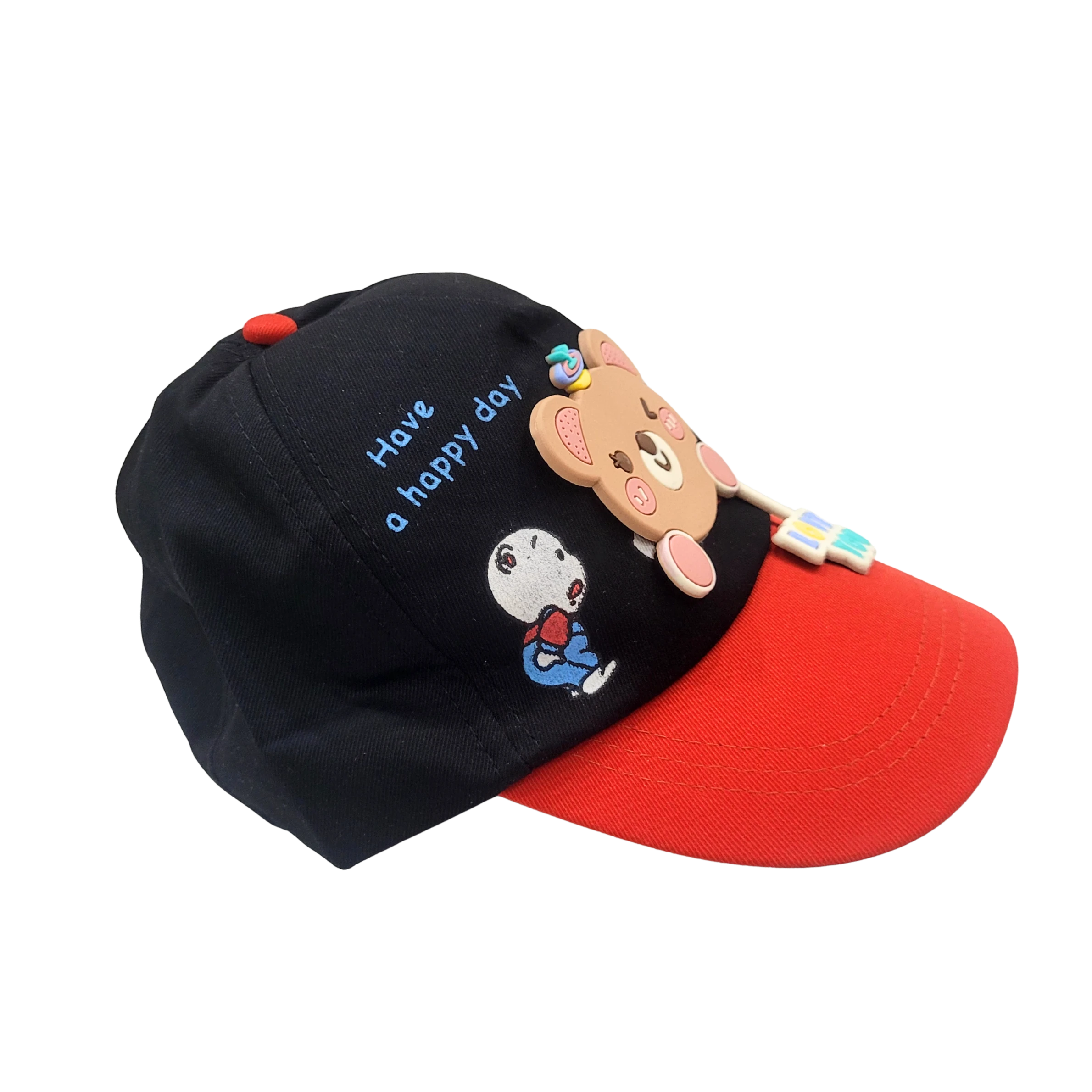 Mango Muffins black cotton cap with red brim, featuring a 3D bear charm and "Have a happy day" embroidery.