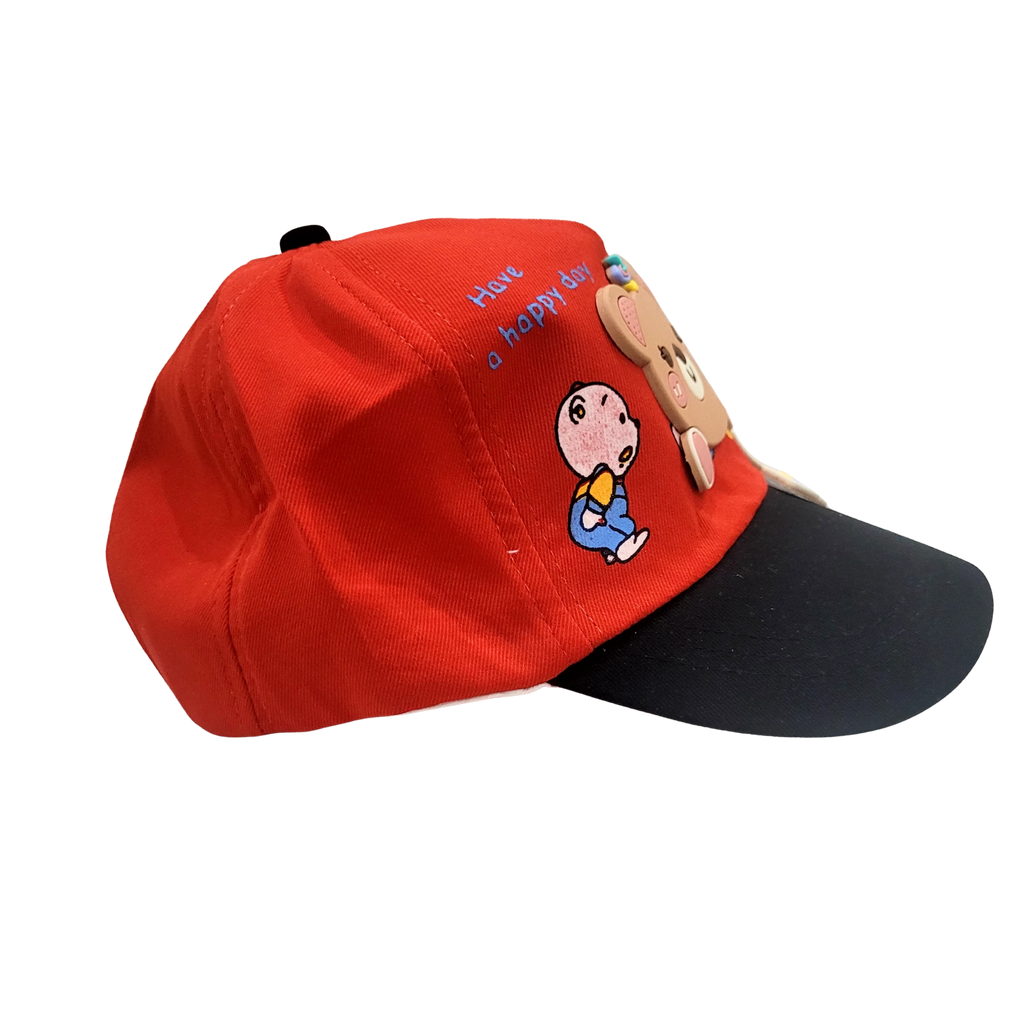 Mango Muffins red cotton cap with black brim, featuring a 3D bear charm and "Have a happy day" embroidery.