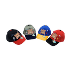 Mango Muffins kids' cotton baseball caps with 3D dangling bear charms and "Love You" text. Available in red/black, grey/navy, blue/yellow, and red/black.