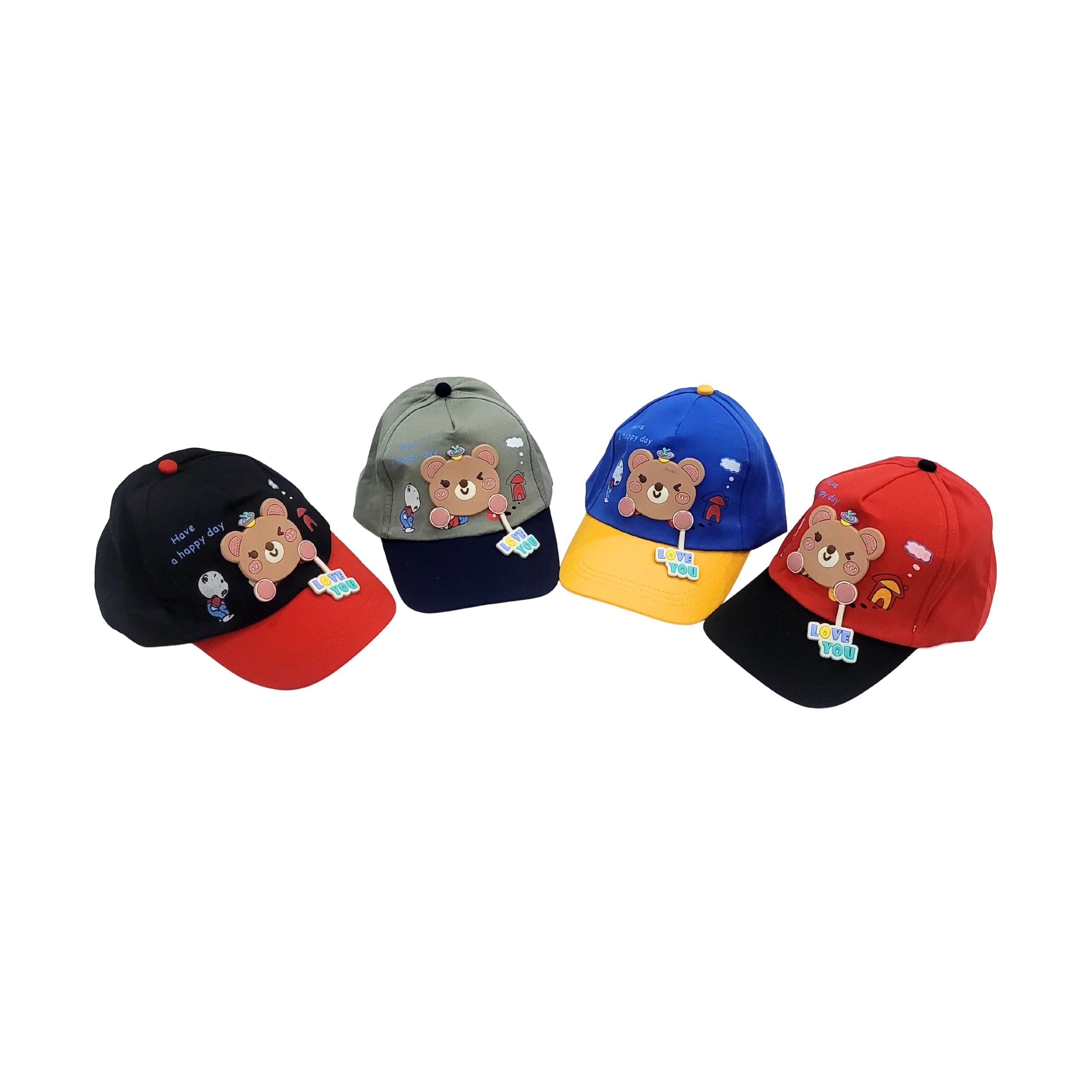 Mango Muffins kids' cotton baseball caps with 3D dangling bear charms and "Love You" text. Available in red/black, grey/navy, blue/yellow, and red/black.