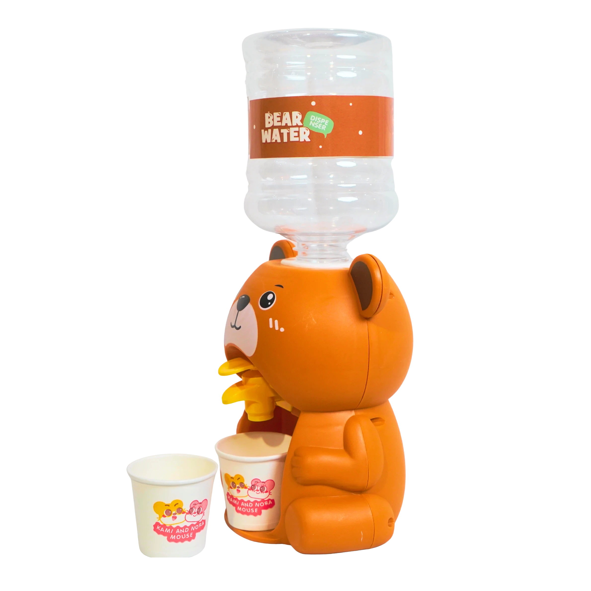 Mango Muffins orange bear water dispenser with two cups, perfect for kids' hydration.