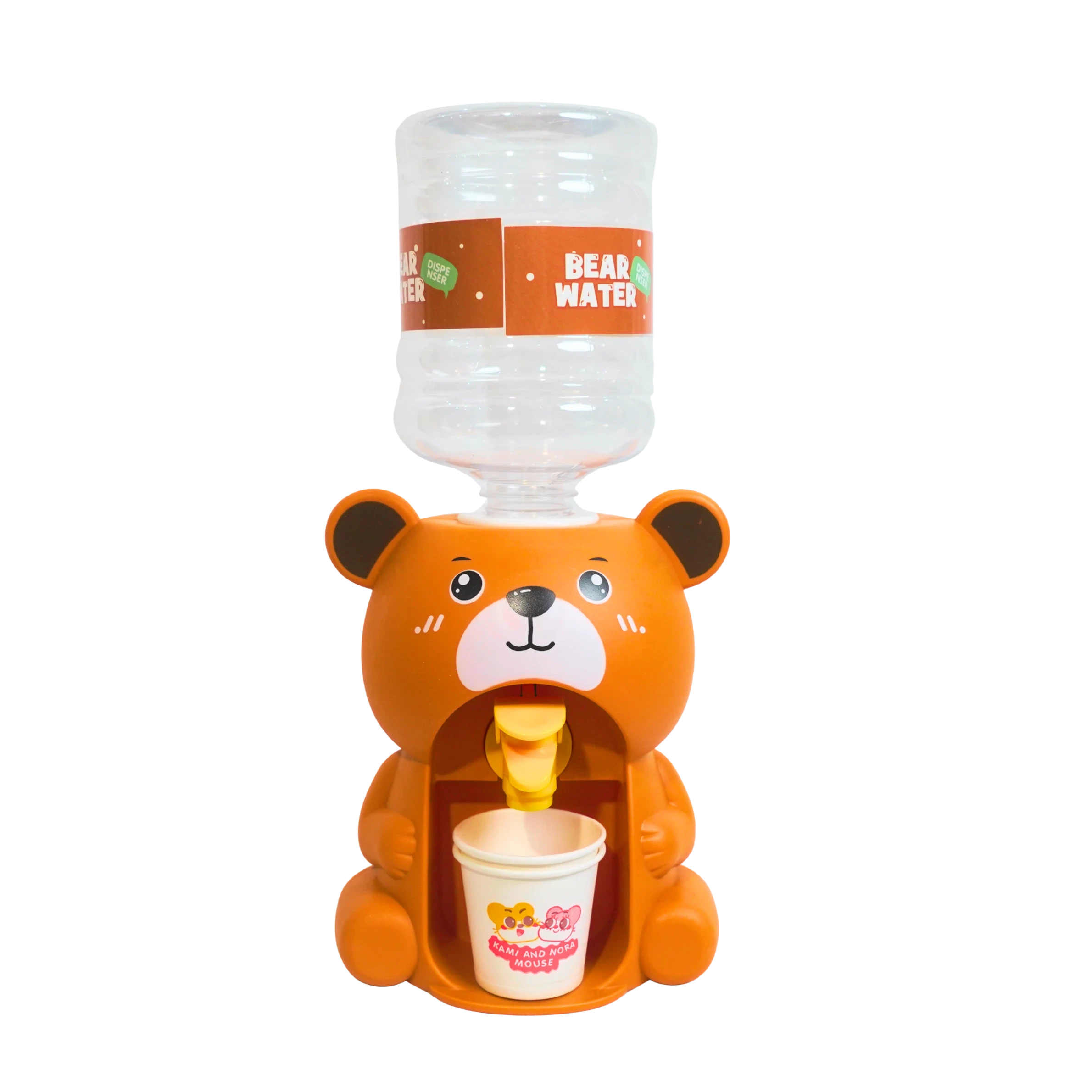 Mango Muffins orange bear water dispenser with mini cups, perfect for kids' desks.