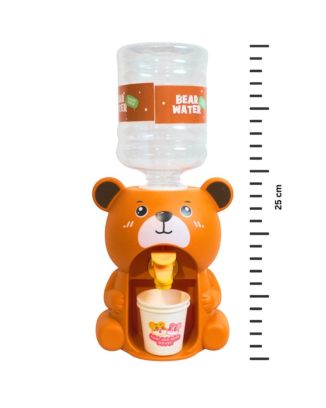 Mango Muffins orange bear water dispenser for kids, 25 cm tall, with mini cups.
