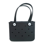 Mango Muffins black waterproof PVC tote bag with white logo buttons and perforated sides.