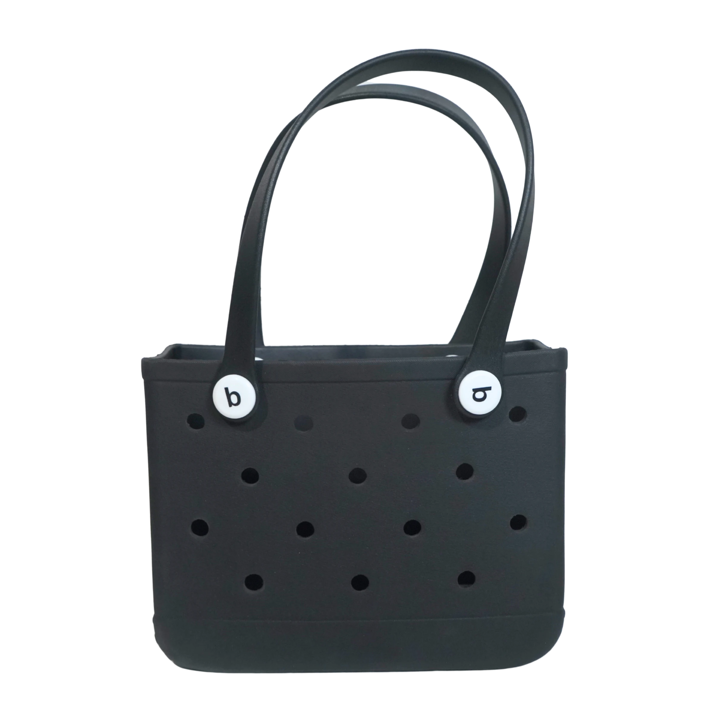 Mango Muffins black waterproof PVC tote bag with white logo buttons and perforated sides.