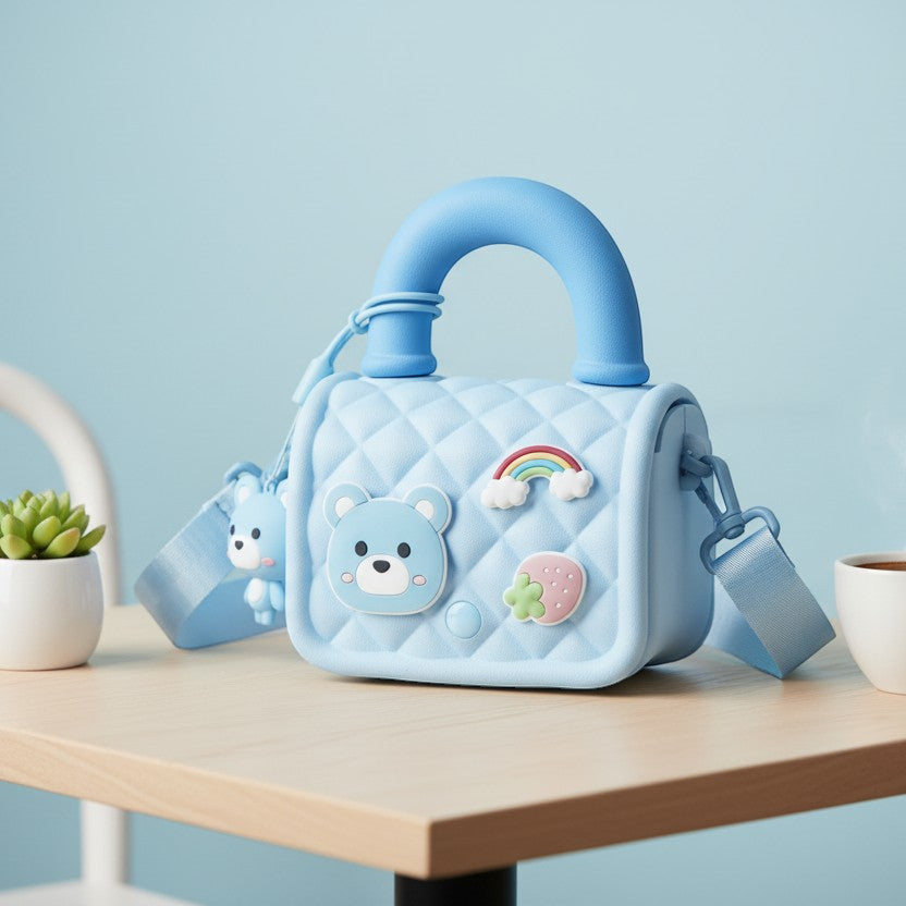 Mango Muffins light blue quilted sling bag with bear, strawberry, and rainbow appliques and a top handle.