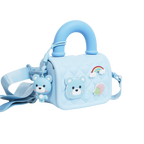 Mango Muffins light blue quilted sling bag with bear, rainbow, and strawberry appliques and a bear charm.