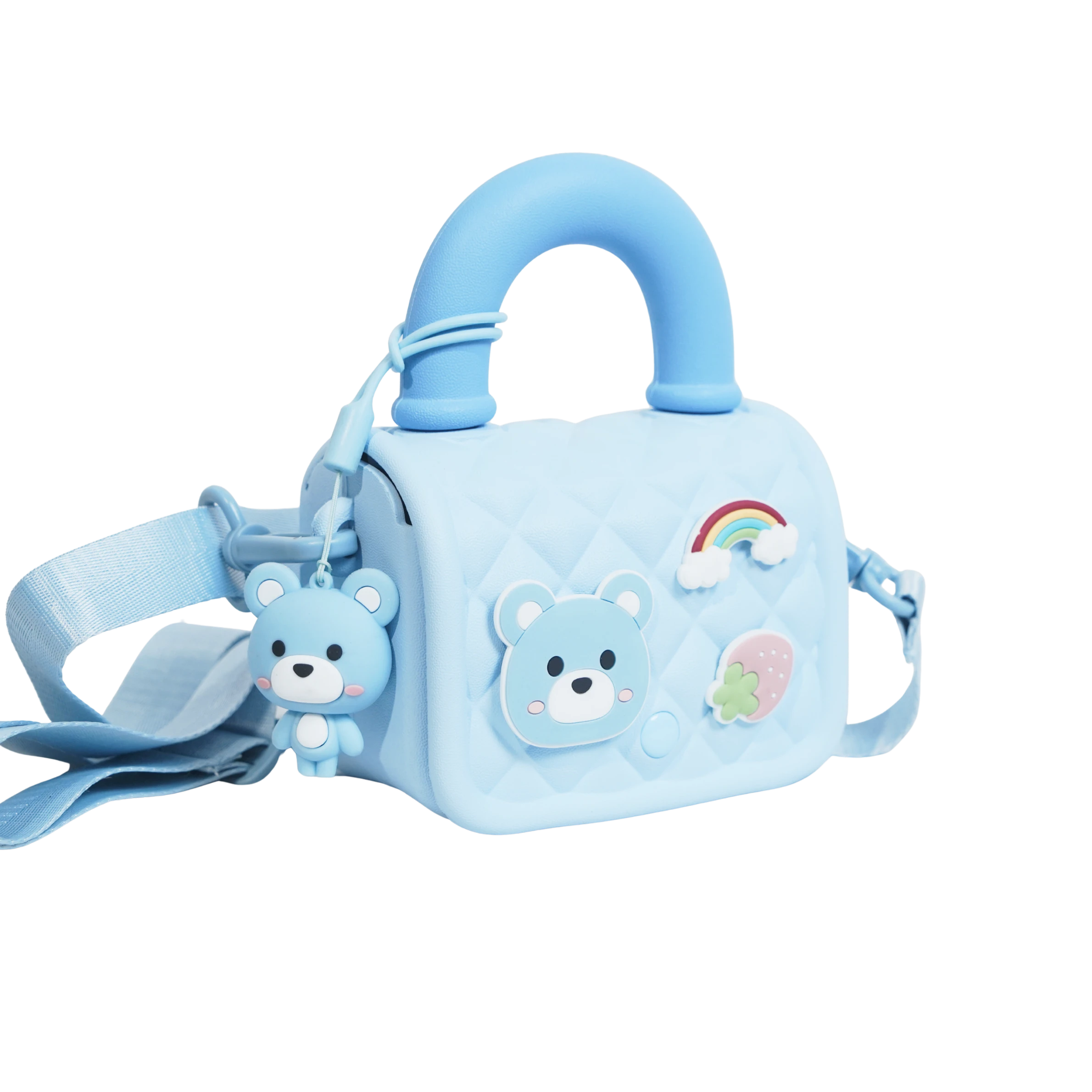 Mango Muffins light blue quilted sling bag with bear, rainbow, and strawberry appliques and a bear charm.