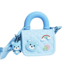 Mango Muffins light blue quilted sling bag with bear, rainbow, and strawberry appliques and a matching bear charm.