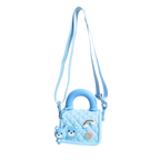 Mango Muffins light blue quilted sling bag with bear, rainbow, and strawberry charms. Adjustable strap.