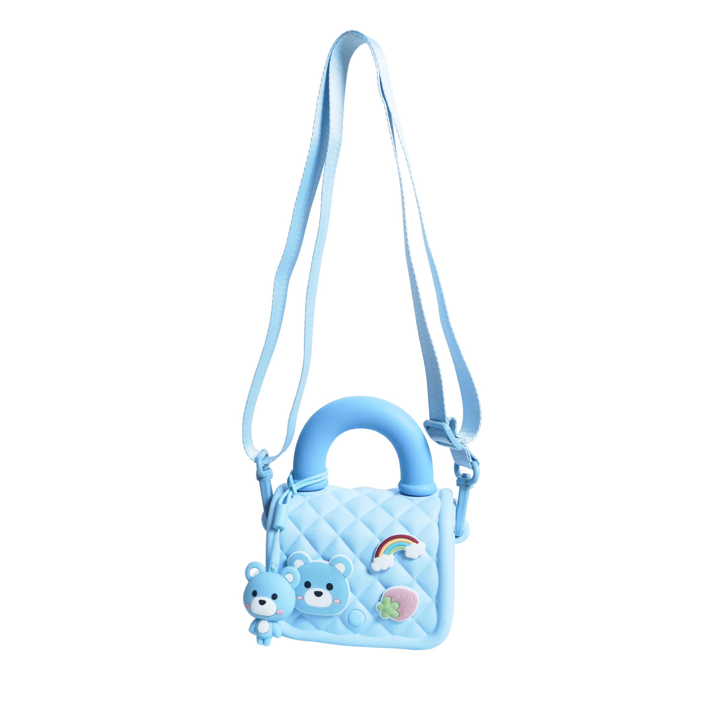 Mango Muffins light blue quilted sling bag with bear, rainbow, and strawberry charms. Adjustable strap.