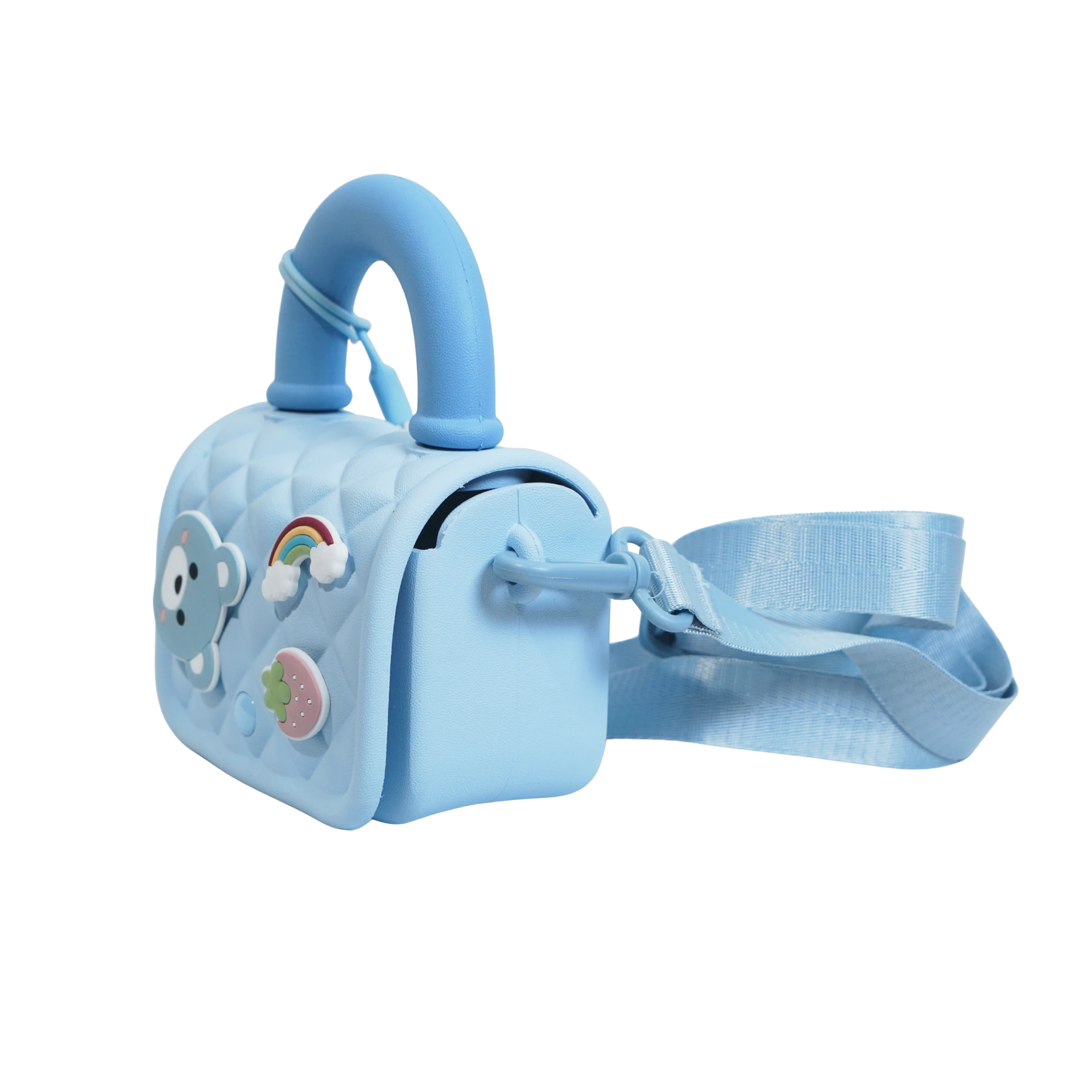 Mango Muffins light blue quilted sling bag with bear, rainbow, and strawberry charms. Adjustable strap.