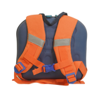 Mango Muffins blue backpack with orange straps and reflective details. Features padded shoulder straps and a chest buckle.