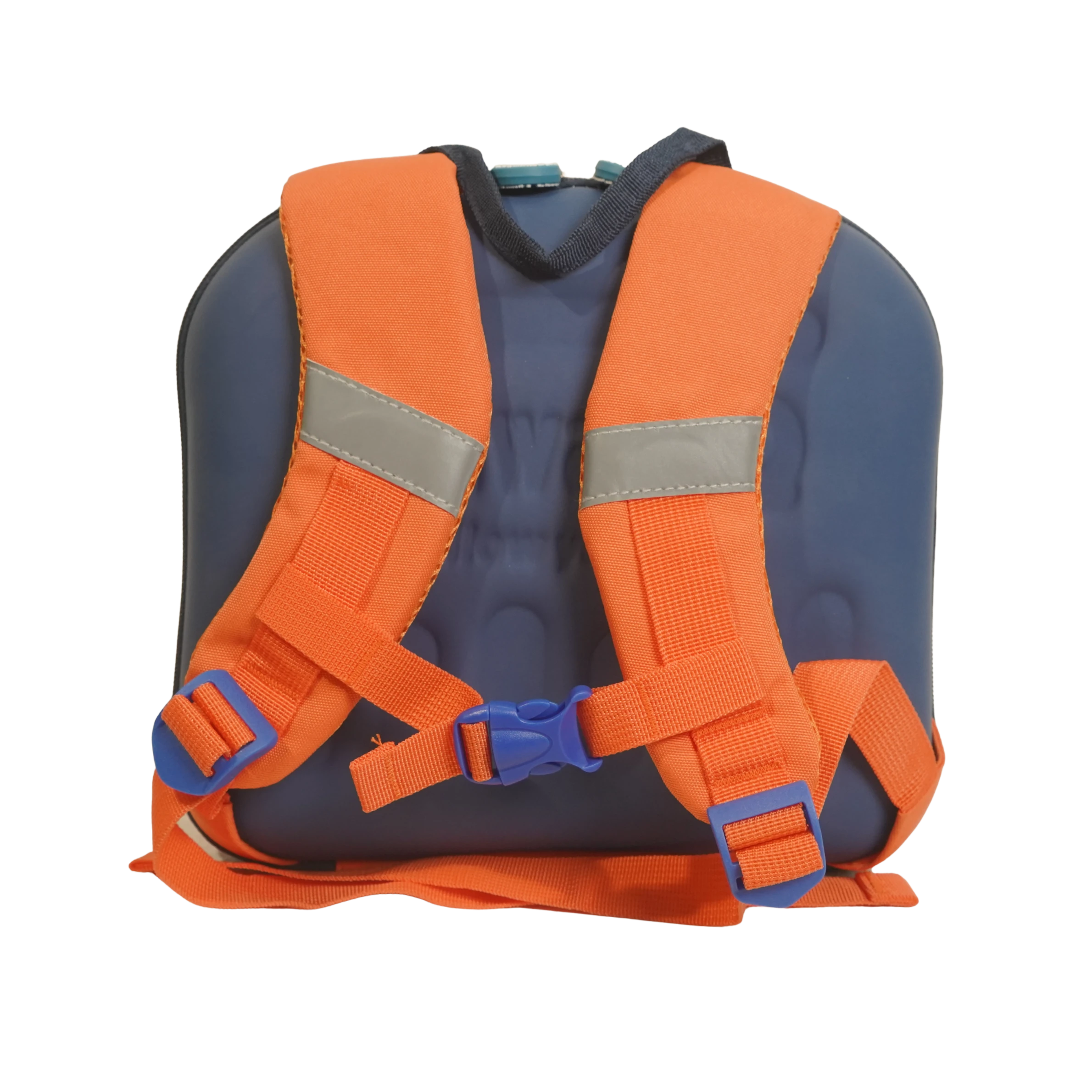 Mango Muffins blue backpack with orange straps and reflective details. Features padded shoulder straps and a chest buckle.