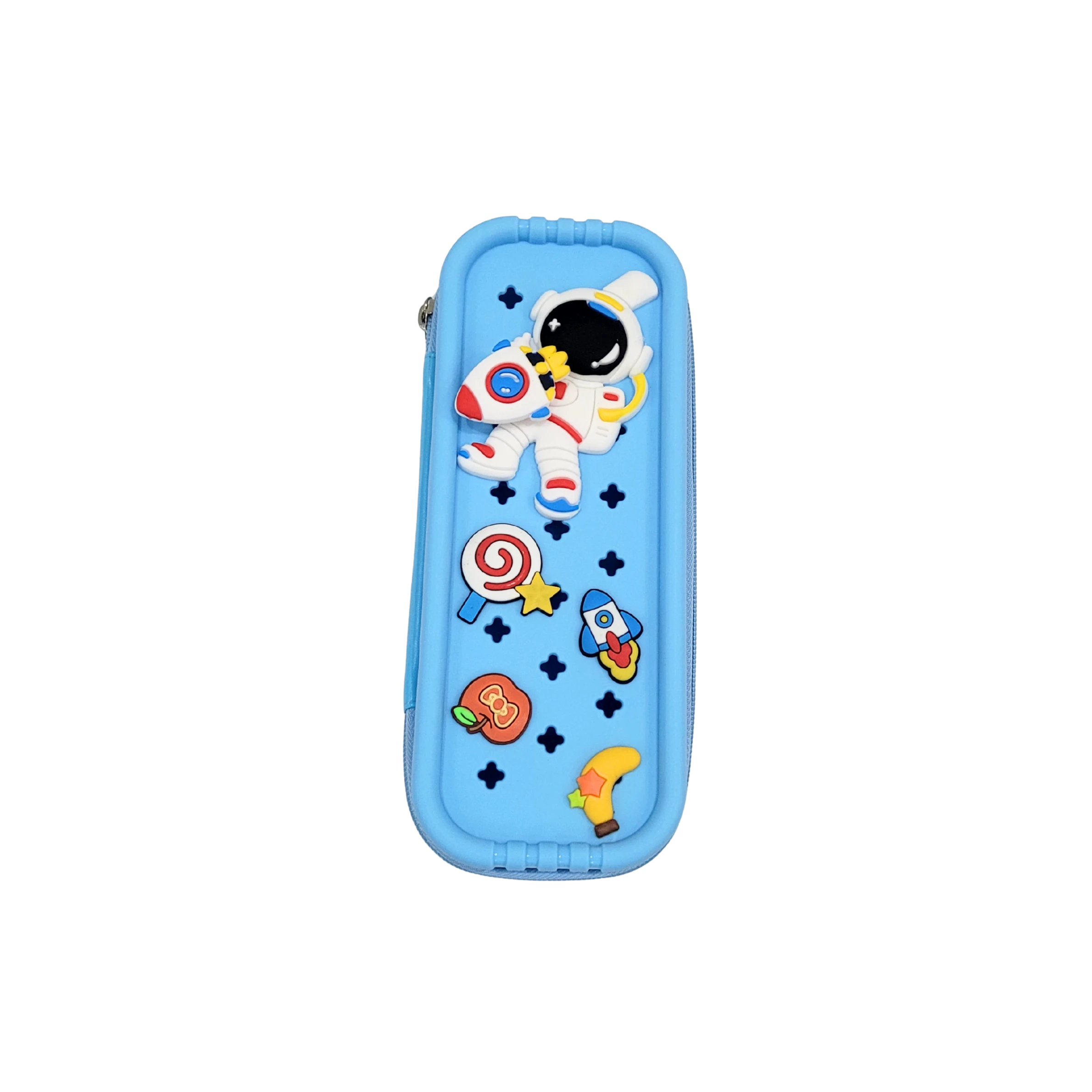 Mango Muffins blue pencil case with astronaut, rocket, lollipop, apple, and banana appliques. Zipper closure.