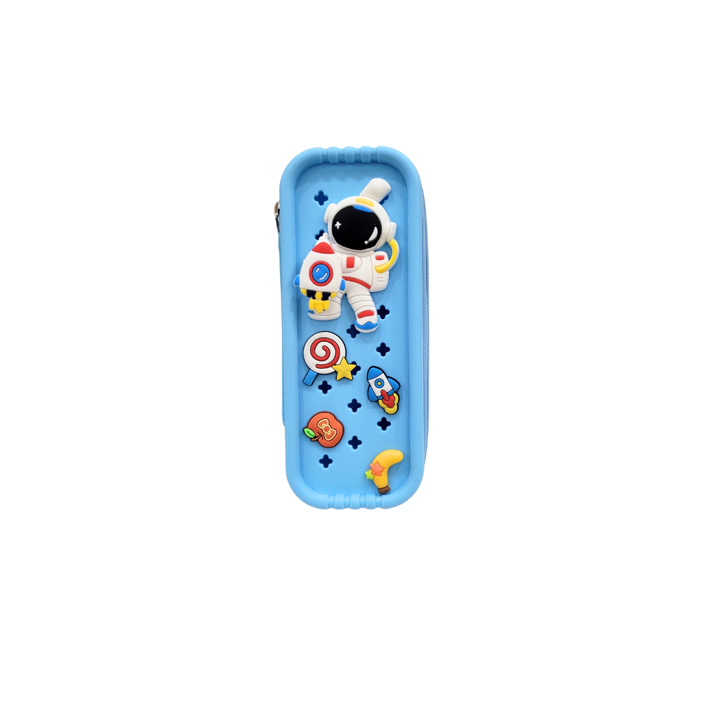 Mango Muffins blue pencil case with astronaut, rocket, and candy appliques. Features a zipper closure.