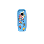 Mango Muffins blue pencil case with astronaut, rocket, and candy appliques. Features a zipper closure.