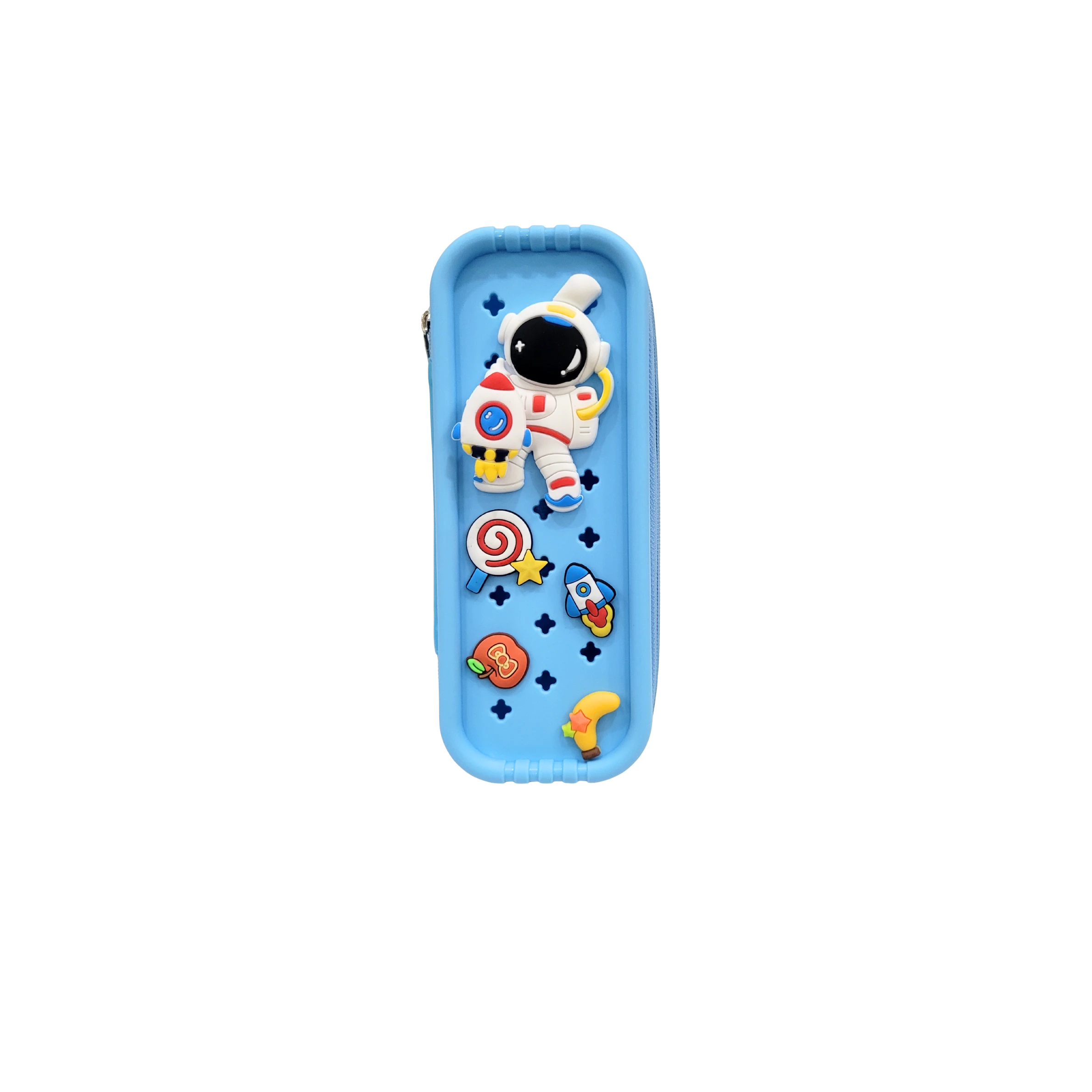 Mango Muffins blue pencil case with astronaut, rocket, and candy appliques. Features a zipper closure.