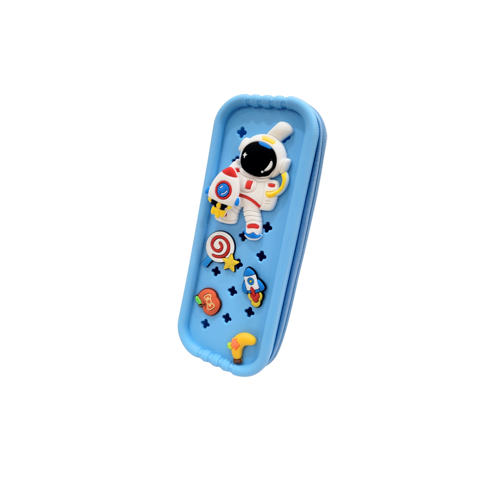 Mango Muffins blue pencil case with astronaut, rocket, and candy appliqués. Water-resistant lining.