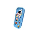 Mango Muffins blue pencil case with astronaut, rocket, and candy appliqués. Water-resistant lining.