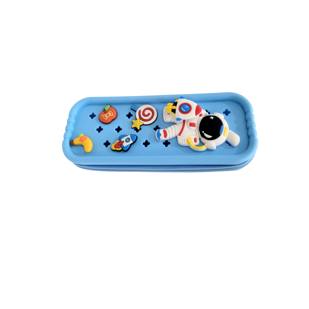 Mango Muffins blue pencil case with astronaut, rocket, apple, and candy charms. Features easy-glide zipper.