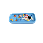 Mango Muffins blue pencil case with astronaut, rocket, apple, and candy charms. Features easy-glide zipper.