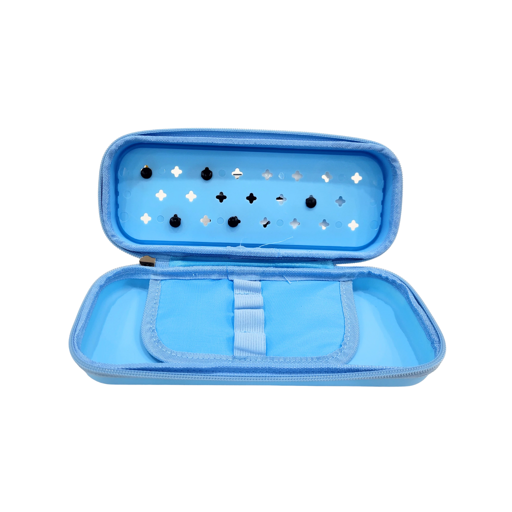 Mango Muffins blue pencil case with internal elastic loops and mesh pocket. Features a zipper closure and decorative cutouts.