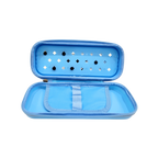 Mango Muffins blue pencil case with internal elastic loops and mesh pocket. Features a zipper closure and decorative cutouts.