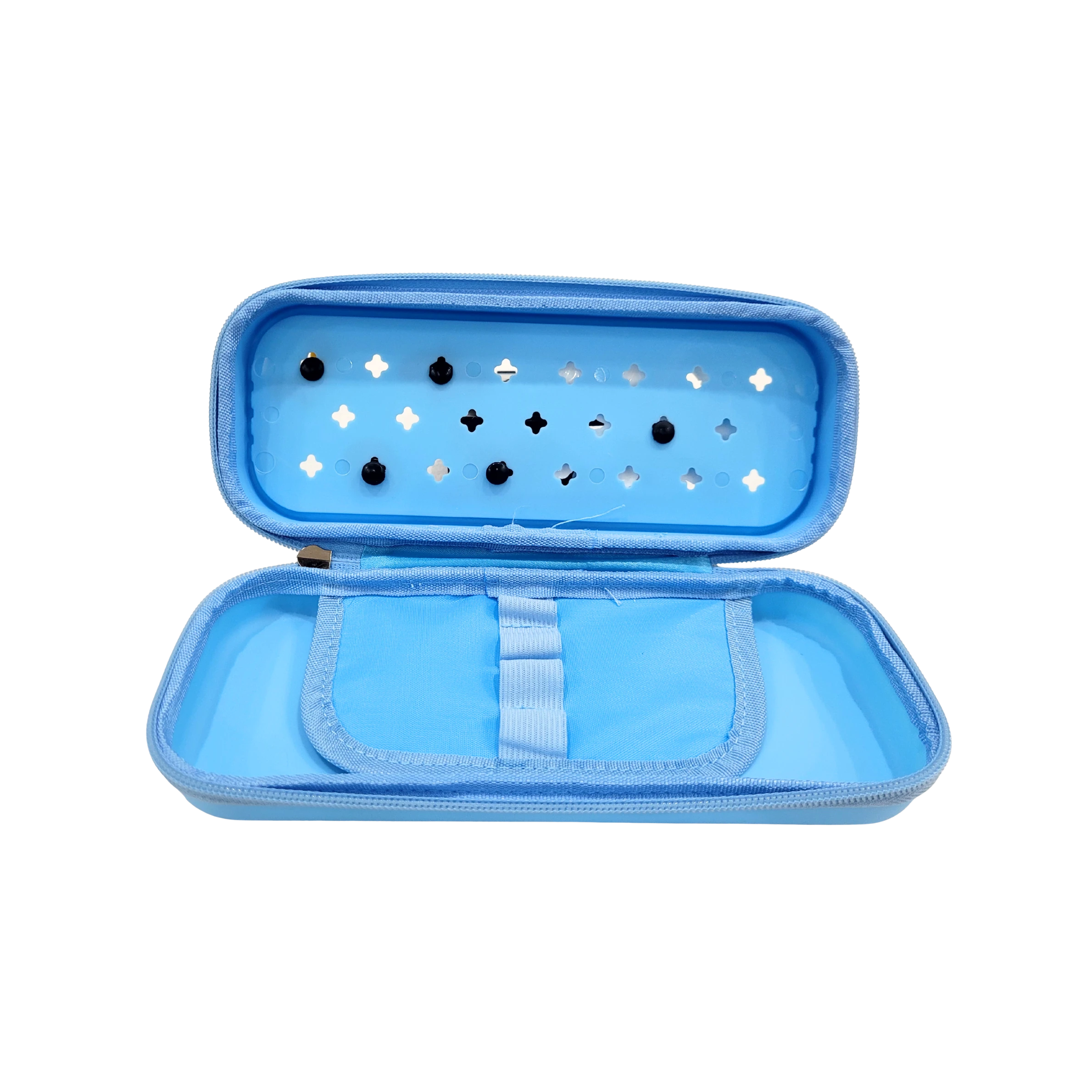 Mango Muffins blue pencil case with internal elastic loops and mesh pocket. Features a zipper closure and decorative cutouts.