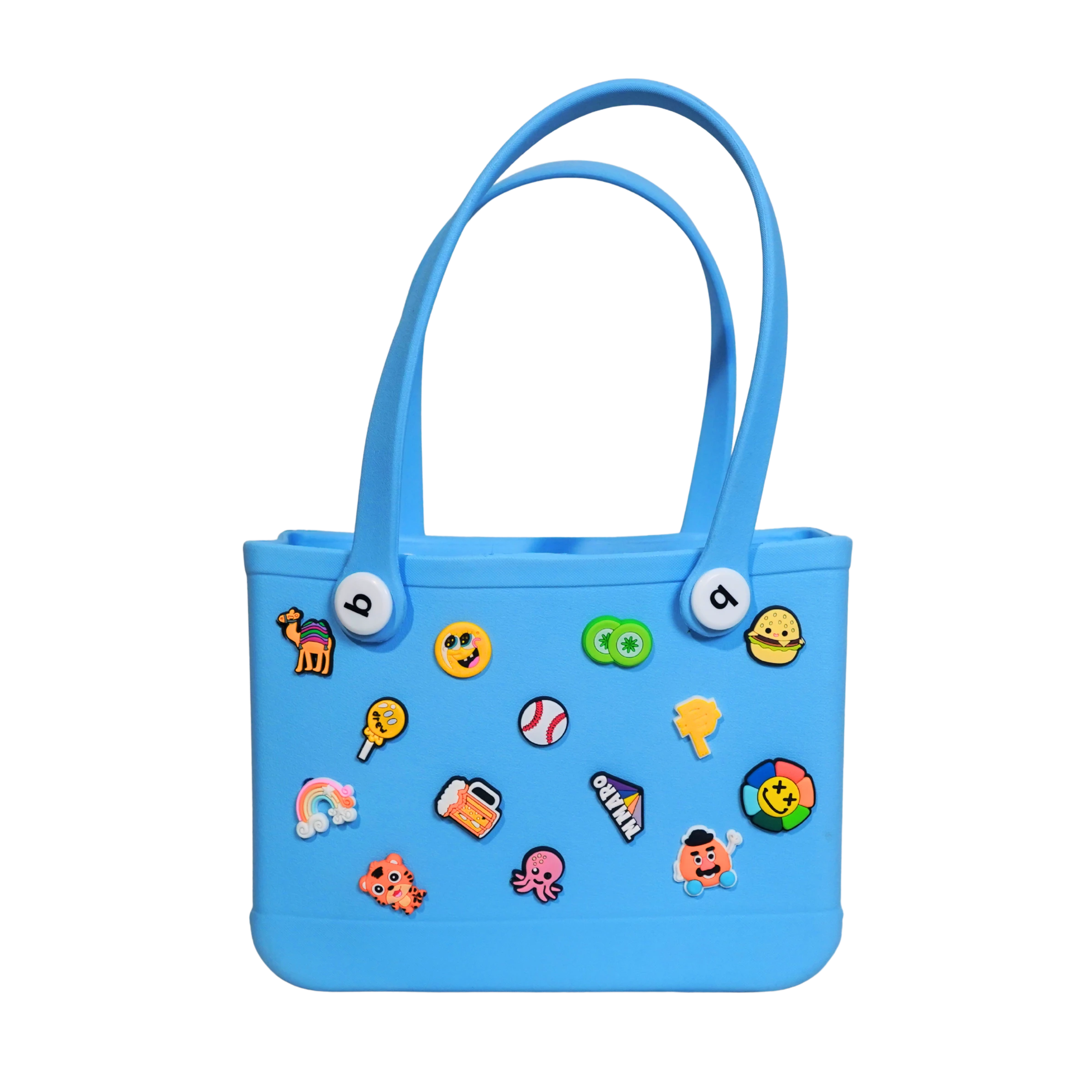 Mango Muffins blue waterproof PVC tote bag with fun colorful charms like a rainbow, octopus, and burger.