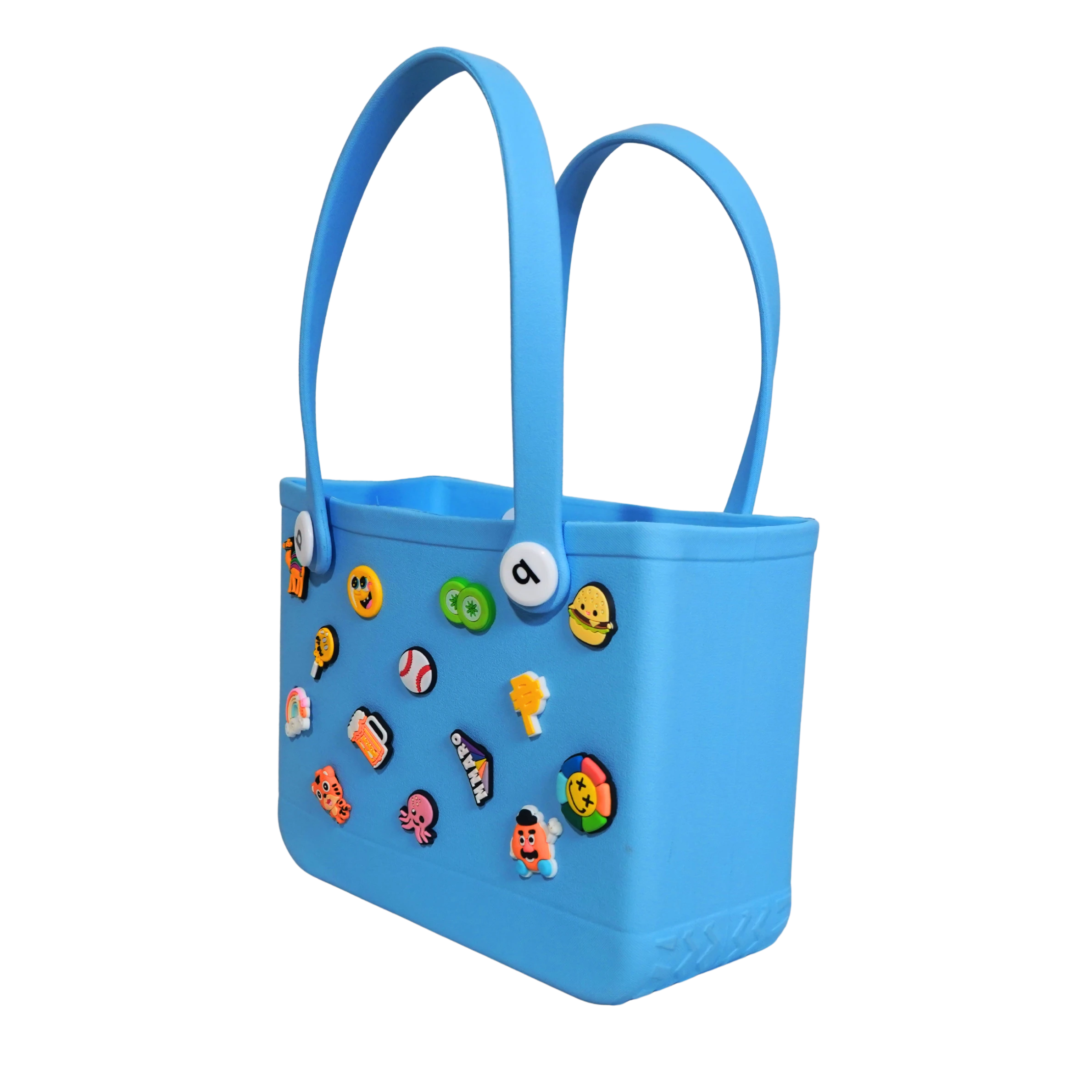Mango Muffins blue waterproof PVC tote bag with fun Jibbitz-style charms and soft handles for kids.