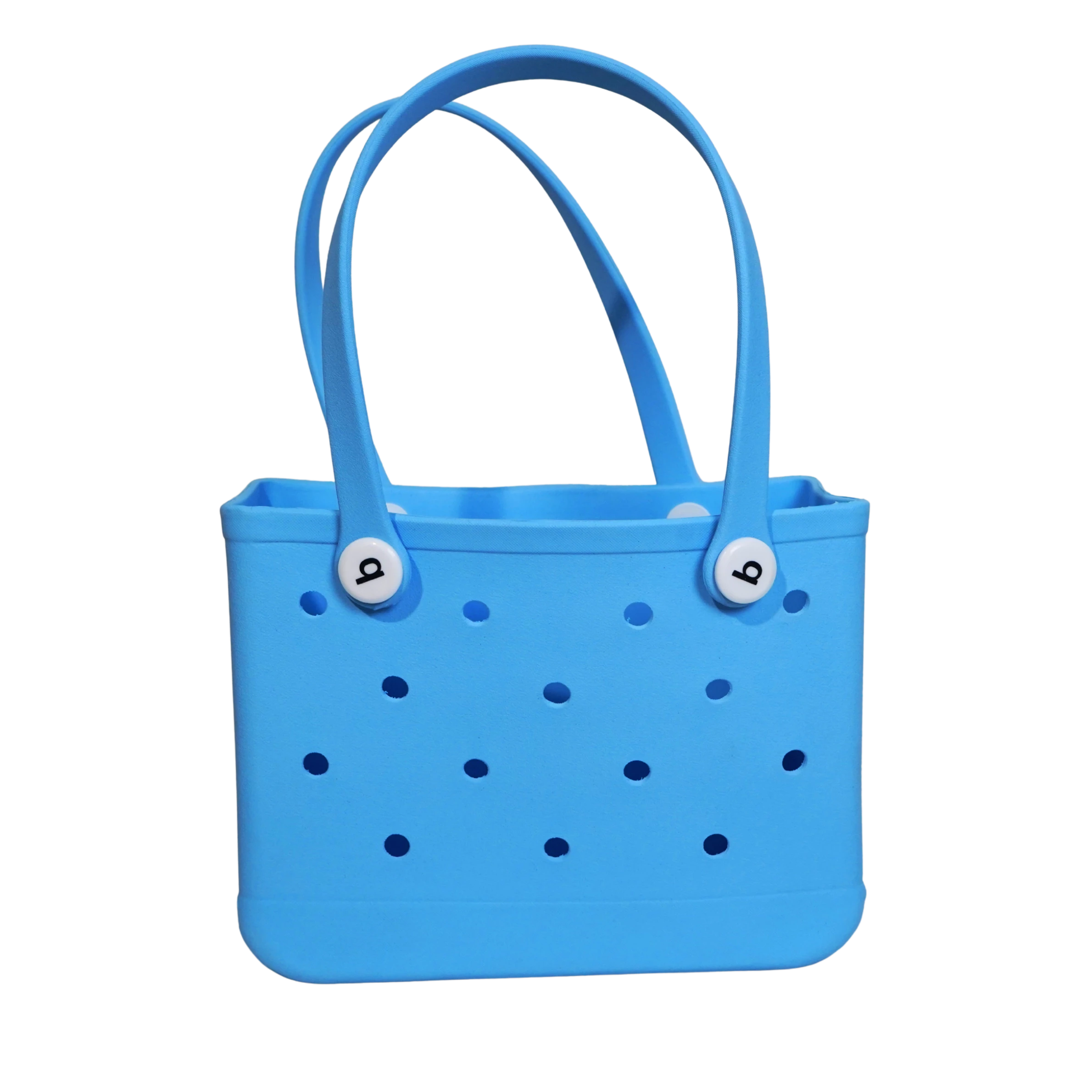 Mango Muffins bright blue waterproof PVC tote bag with polka dot cutouts and white logo buttons.