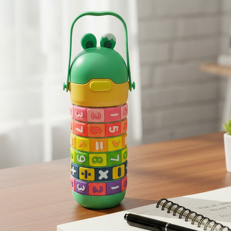 Mango Muffins Brainy Builder puzzle water bottle with froggy cap, rotating math rings, and carry handle. 430ml.