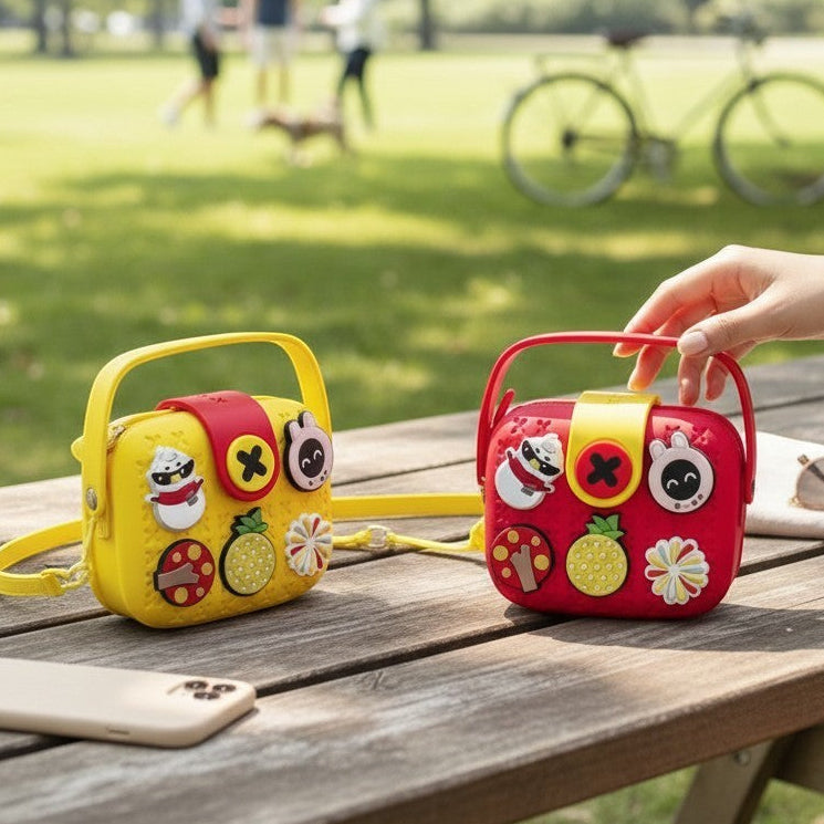 Mango Muffins Signature Series Charmer Sling crossbody bag in yellow and red EVA with customizable charms. Features dual carry straps.