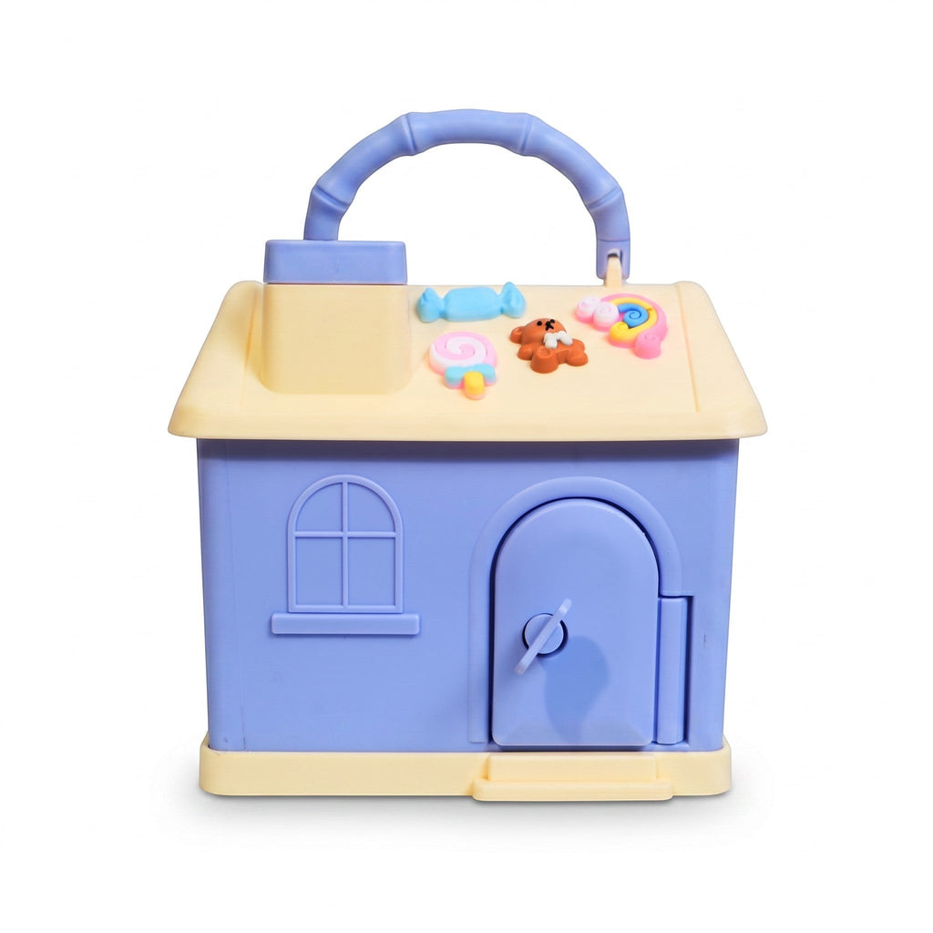 Mango Muffins Dream Cottage savings bank in periwinkle blue and lemon cream with 3D roof charms and a carry handle.