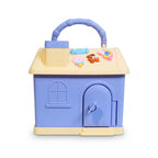 Mango Muffins Dream Cottage savings bank in periwinkle blue and lemon cream with 3D roof charms and a carry handle.