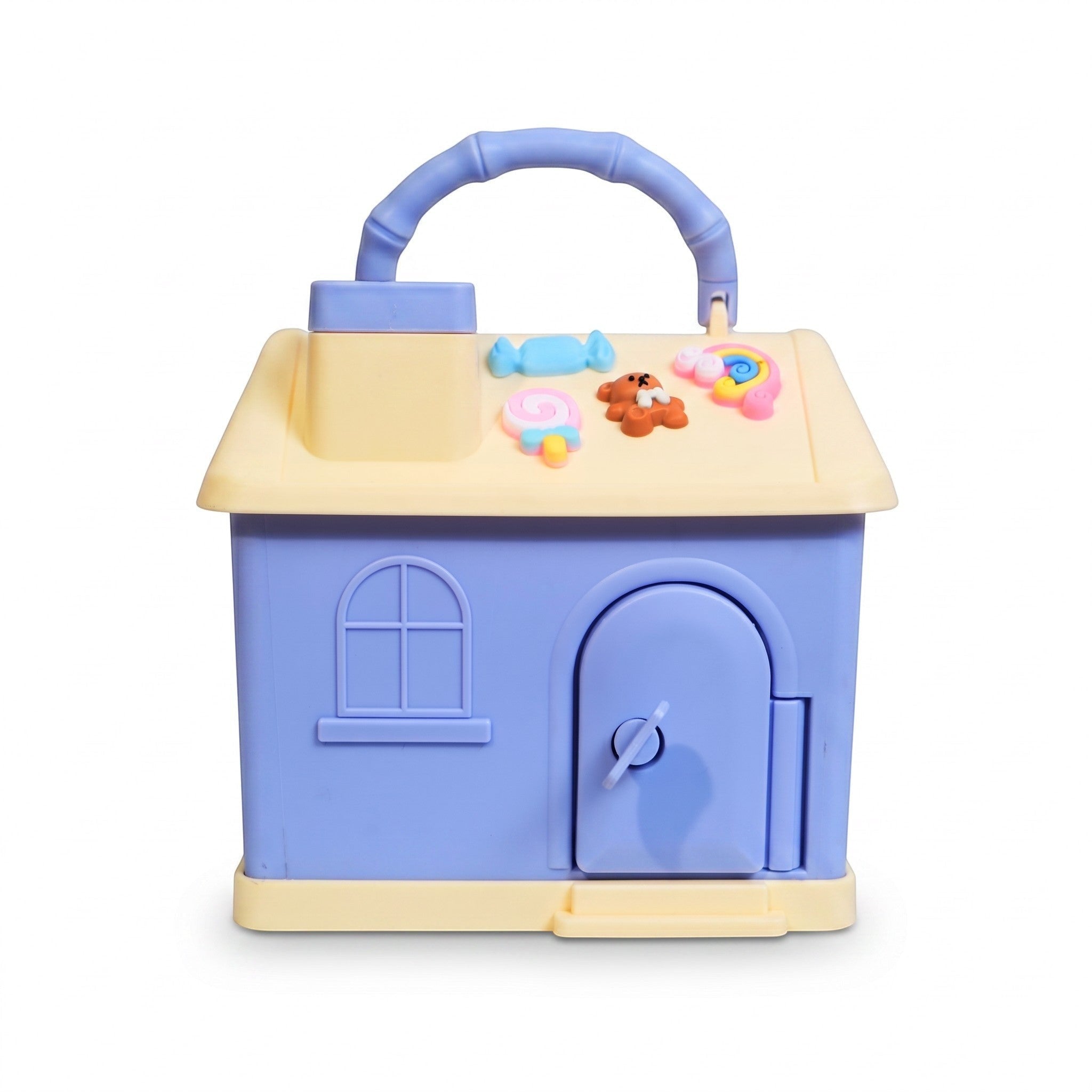 Mango Muffins Dream Cottage savings bank in periwinkle blue and lemon cream with 3D roof charms and a carry handle.
