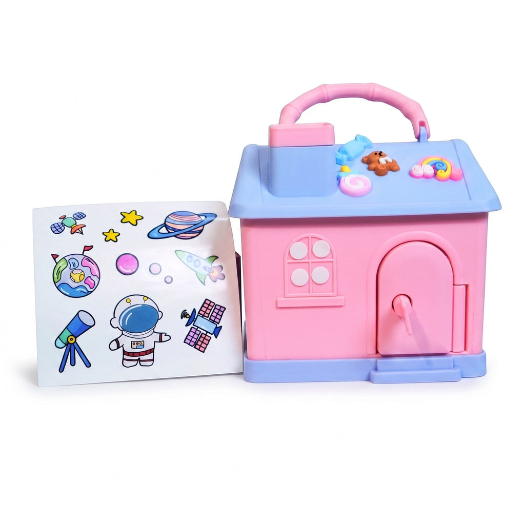 Mango Muffins Dream Cottage Savings Bank in pink and blue with 3D roof charms and a sheet of space-themed stickers.