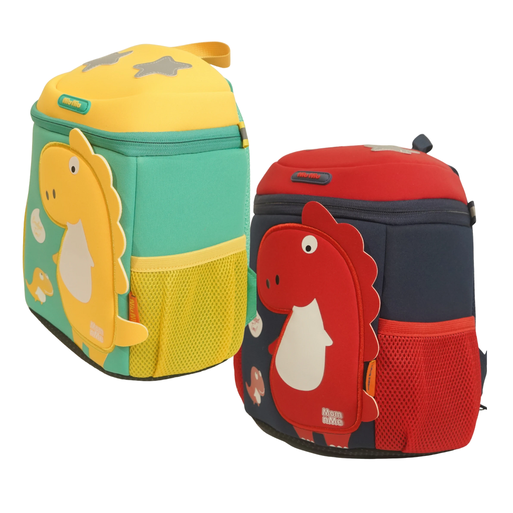 Mango Muffins yellow and green dinosaur backpack with 3D wings and textured scales. Red and navy backpack with dinosaur.