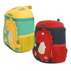 Mango Muffins yellow and green dinosaur backpack with 3D wings and textured scales. Red and navy backpack with dinosaur.
